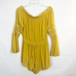 Indulge Romper Juniors Large Mustard Off Shoulder Crochet Vacation Boho Festival